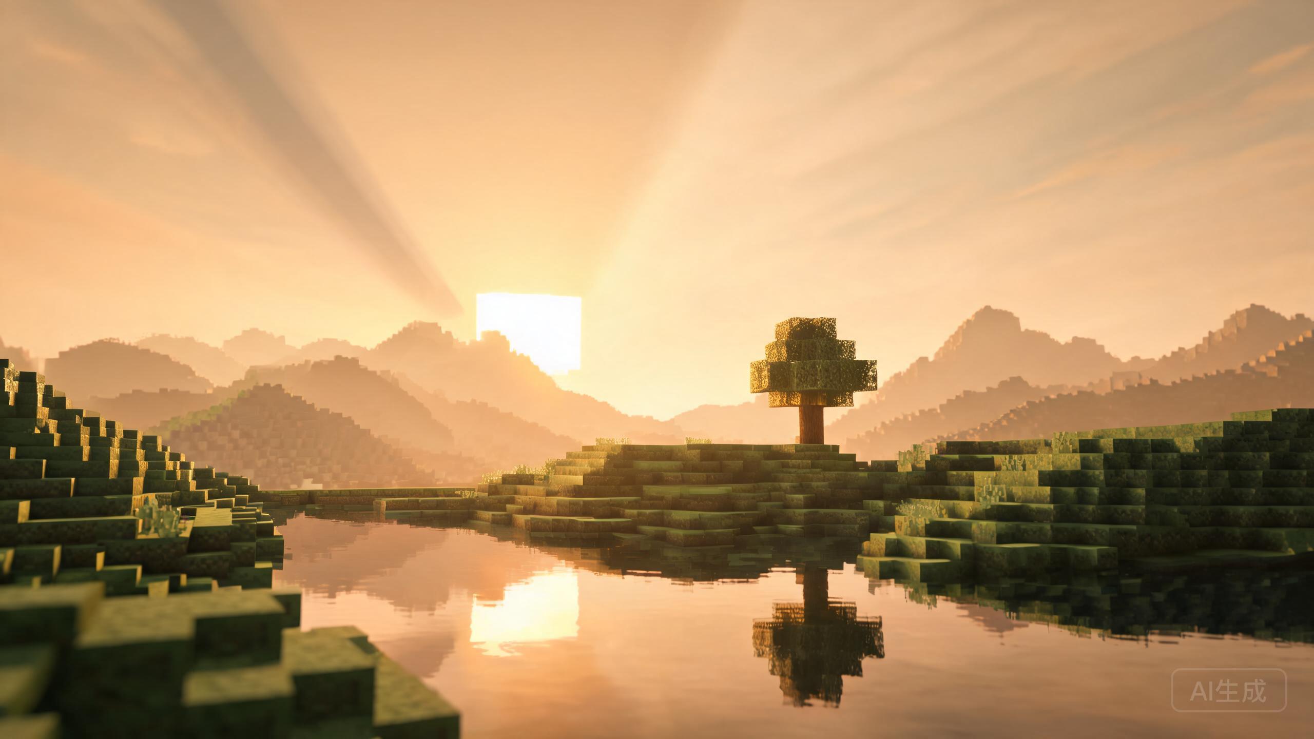 夕阳下的方块风格 Minecraft 世界